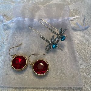 Women’s Red Crystal Drop Earrings and Blue Dragonfly Dangle Earrings Set. New.